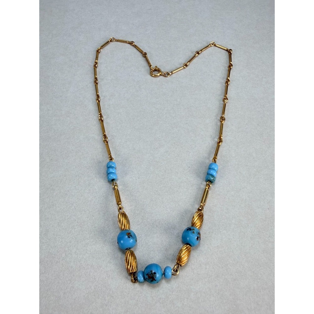 Vintage Blue Art Glass Bead Gold Plated Necklace Millefiori Style Statement